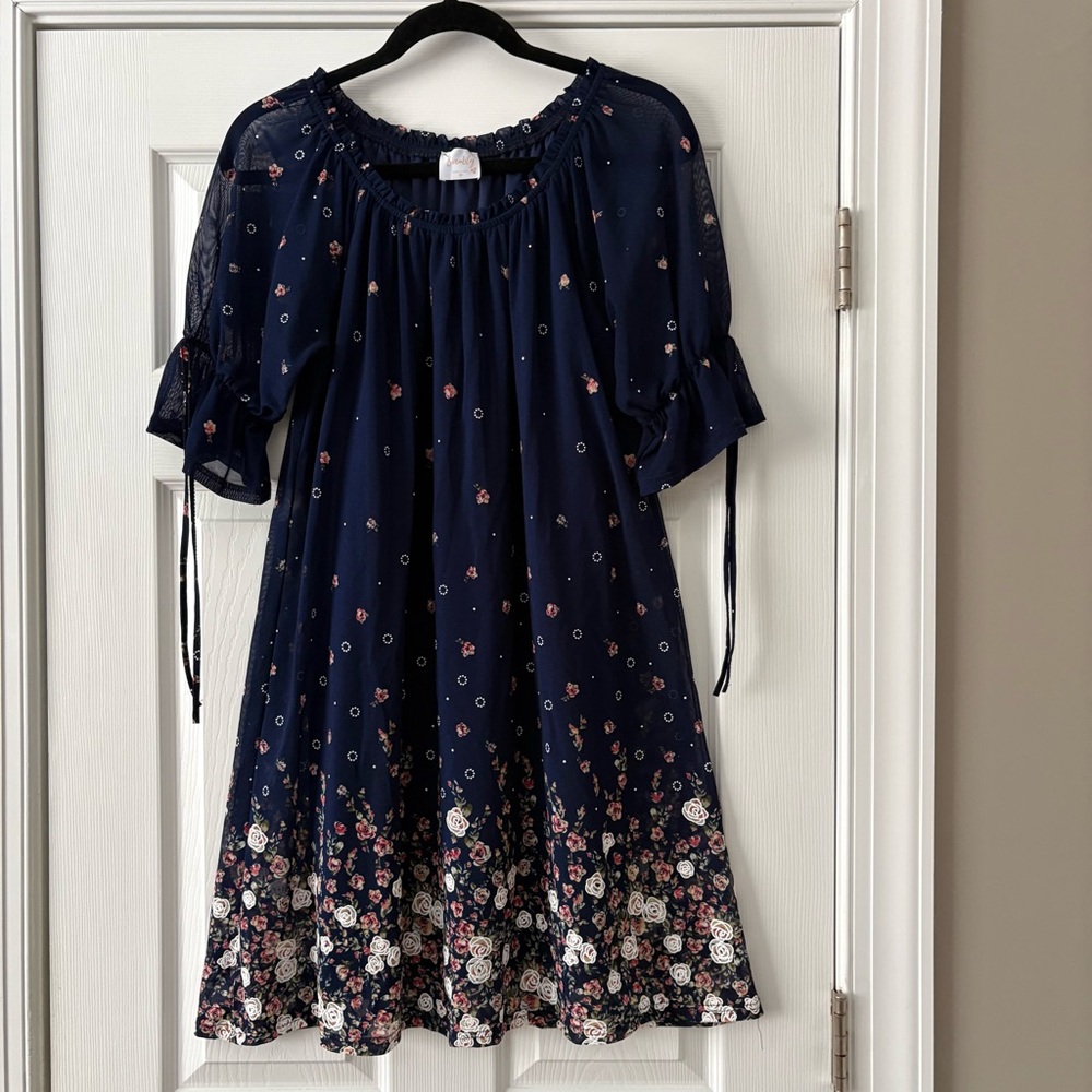 Siren Lily Floral Boho Dress Size M Navy Blue Lined Embroidered Shift